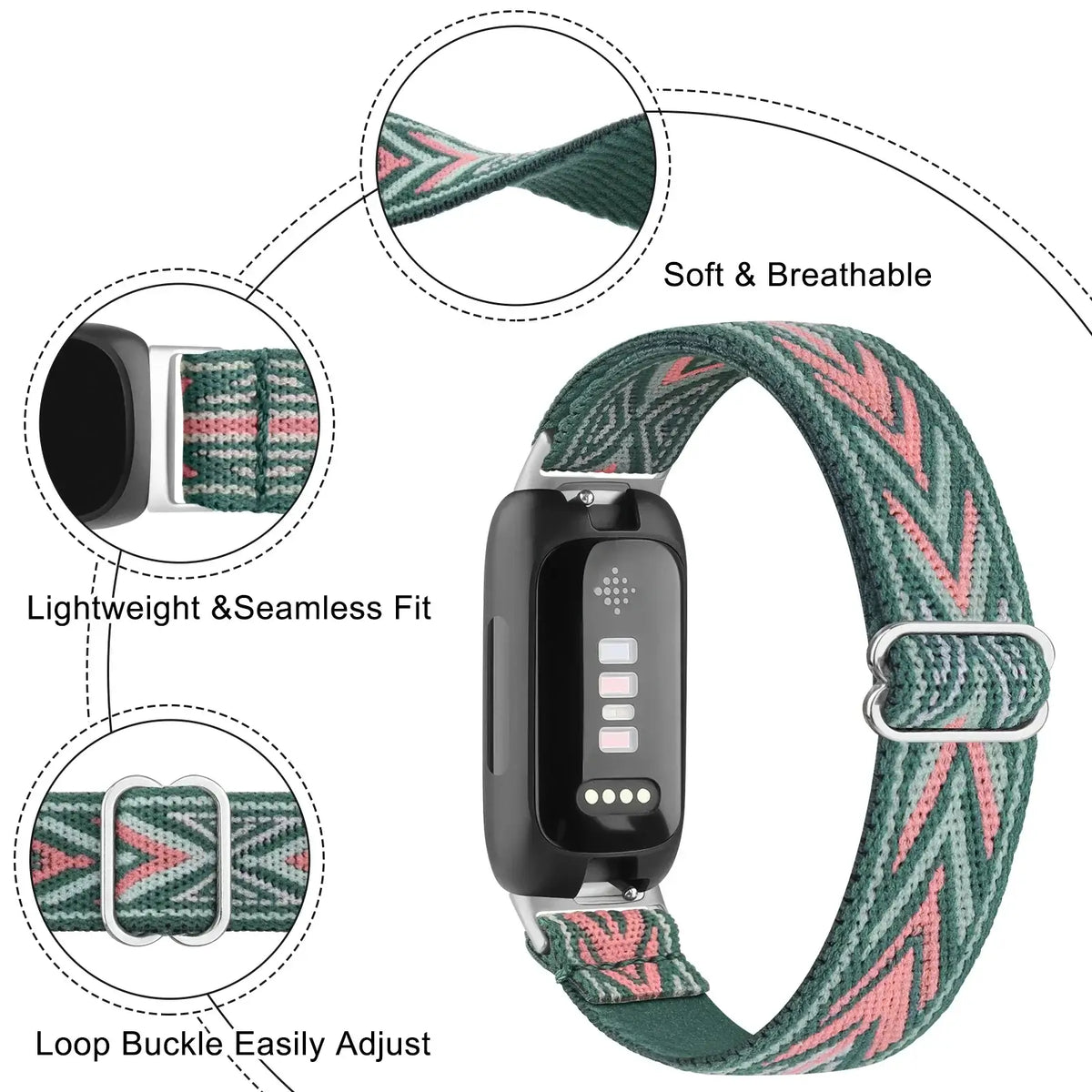 Fitbit Inspire Adjustable Nylon Loop Band - Chevron weave and sliding adjuster