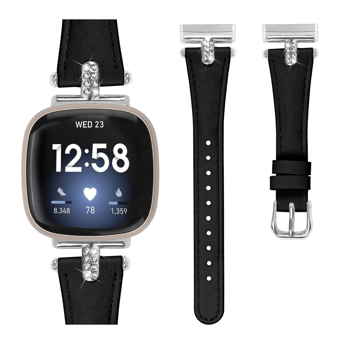 Black Fitbit Versa 4, Versa 3, Sense 2 and Sense Tapered Band, Sparkly Links