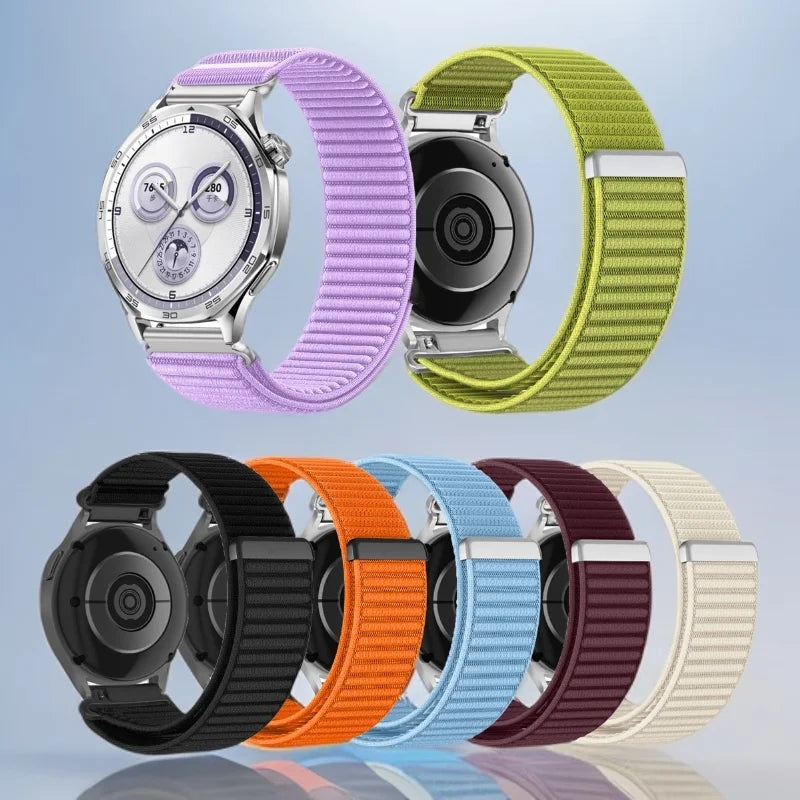 OnePlus Smartwatch Nylon Band Adjustable Velcro Sport Strap Bracelet in multiple colors, displayed with a smartwatch.