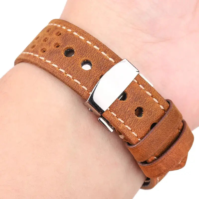 TicWatch Perforated Leather Folding-Clasp Band - Tan brown strap worn on wrist