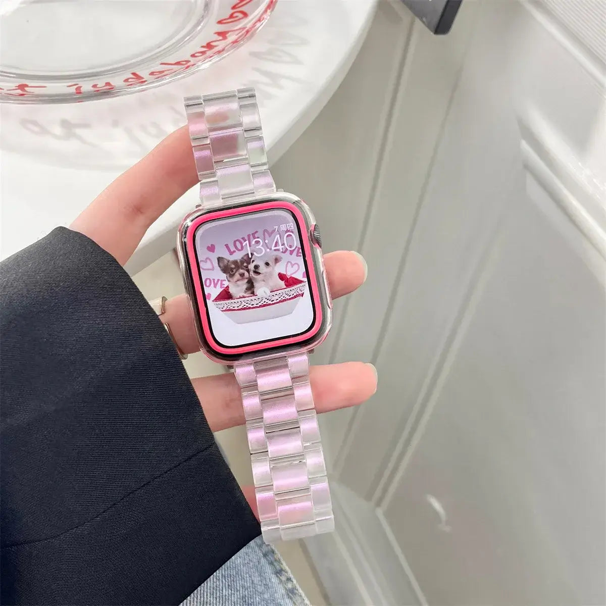 Iridescent clear resin Apple Watch band lifestyle view