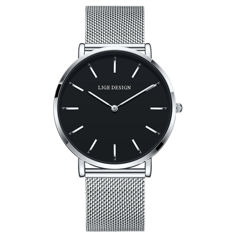 Women's Minimalist Quartz Watch with Stainless Steel Mesh Band — Silver Tone / Black Dial