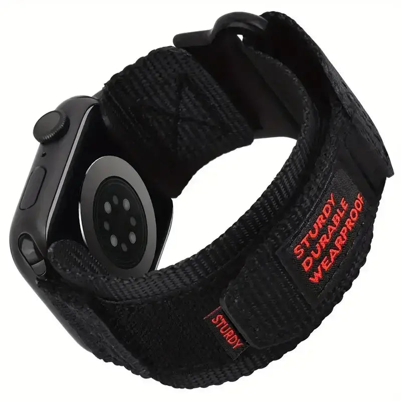 Black utility nylon Apple Watch band with hook-and-loop fastening