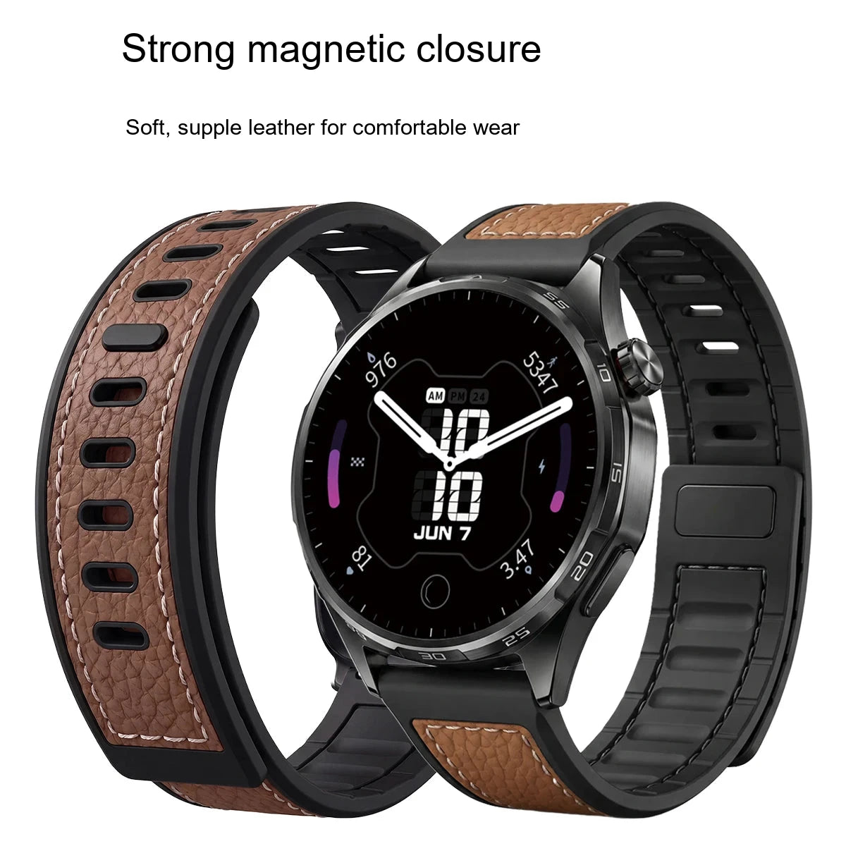 Google Pixel Watch 5, 4 and 3 45mm Litchi Leather Magnetic Band — design detail