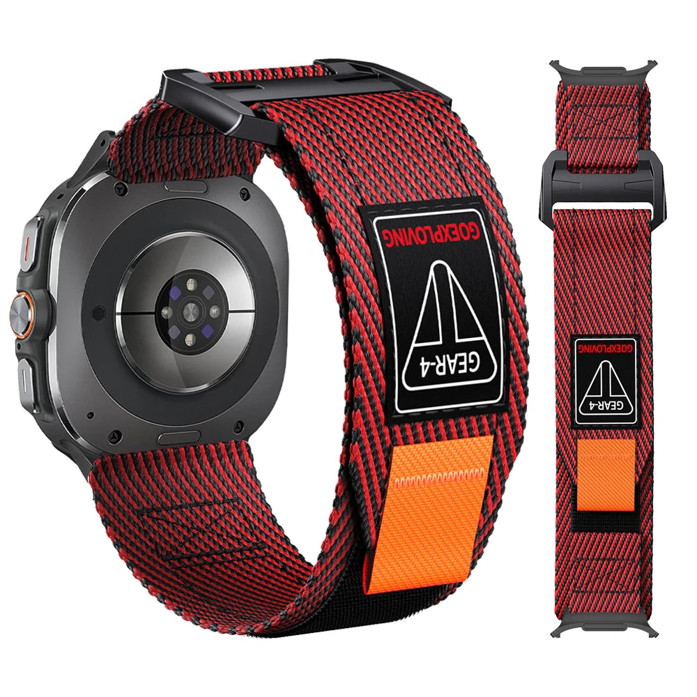Samsung Galaxy Braided Nylon Watch Band – Ultra/Ultra2 Red Black Adventure, rugged nylon strap for outdoor activities.