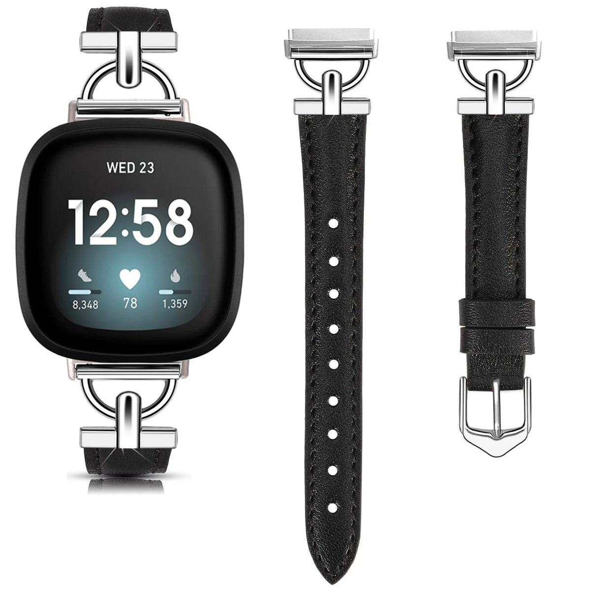 Black Fitbit Versa 4, Versa 3, Sense 2 and Sense Slim Leather Band, D-Link