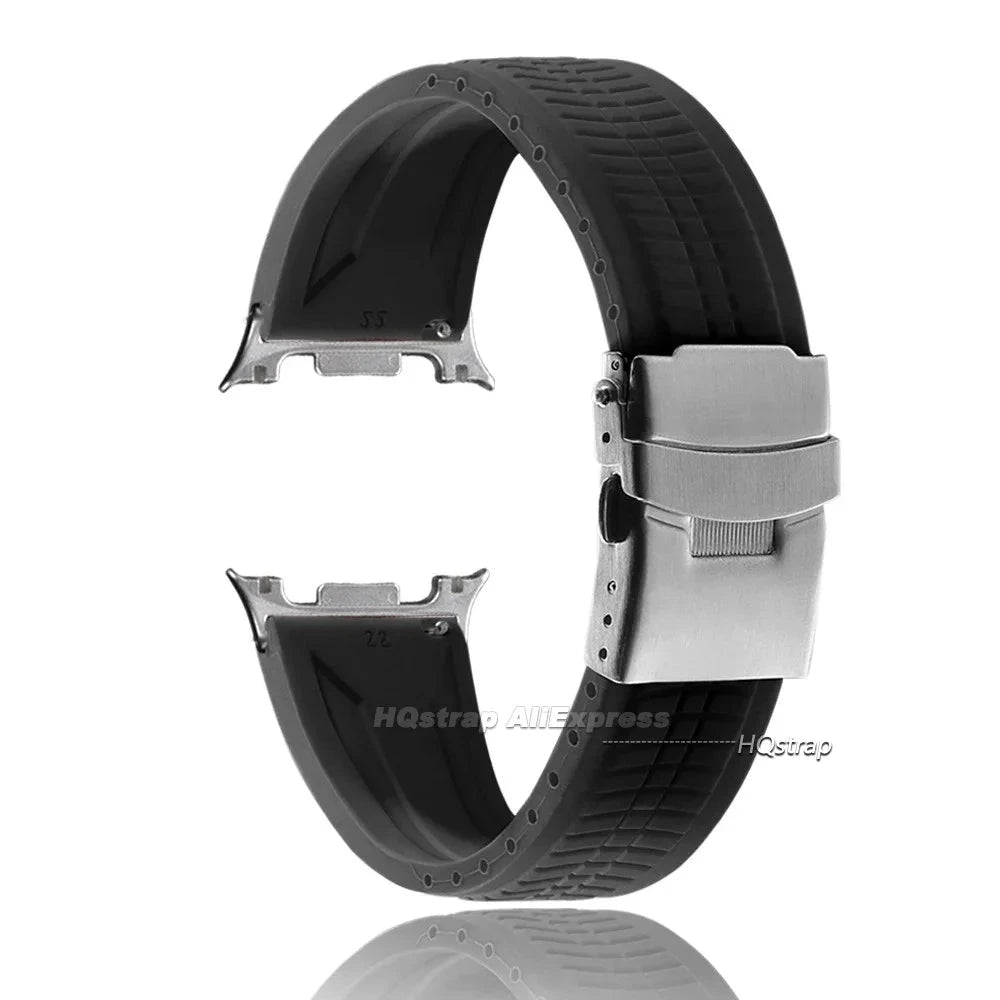 Samsung Galaxy Silicone Sport Watch Band - Watch8/Watch8 Classic/Watch9 Waterproof Buckle in black with a sturdy buckle.