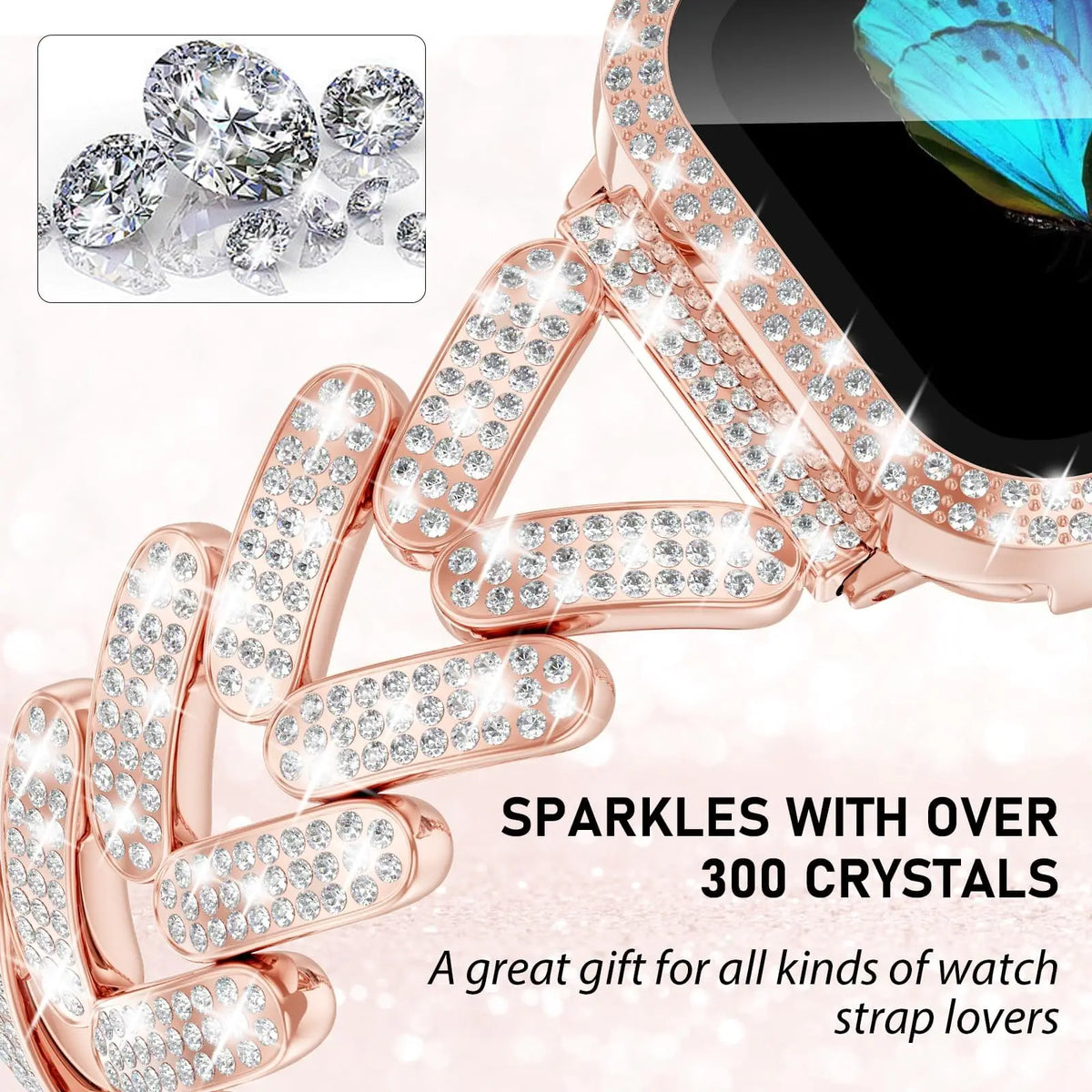 Close-up of rhinestone-set leaf links for Apple Watch