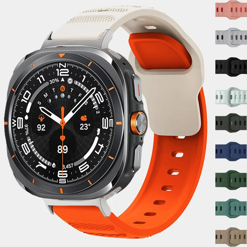 Samsung Galaxy Silicone Sport Watch Band - Ultra/Ultra2 Replacement on smartwatch with colorful options displayed.