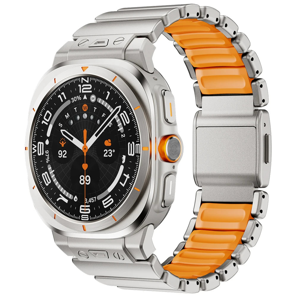Samsung Galaxy Watch Ultra/Ultra2 Stainless Steel & Silicone Magnetic Band with titanium orange color and sleek design.