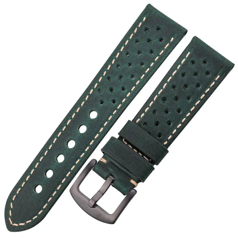 TicWatch Perforated Leather Rally Band - Dark Green / Black Buckle