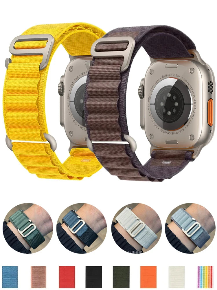 Yellow and taupe alpine style nylon Apple Watch loops with color previews