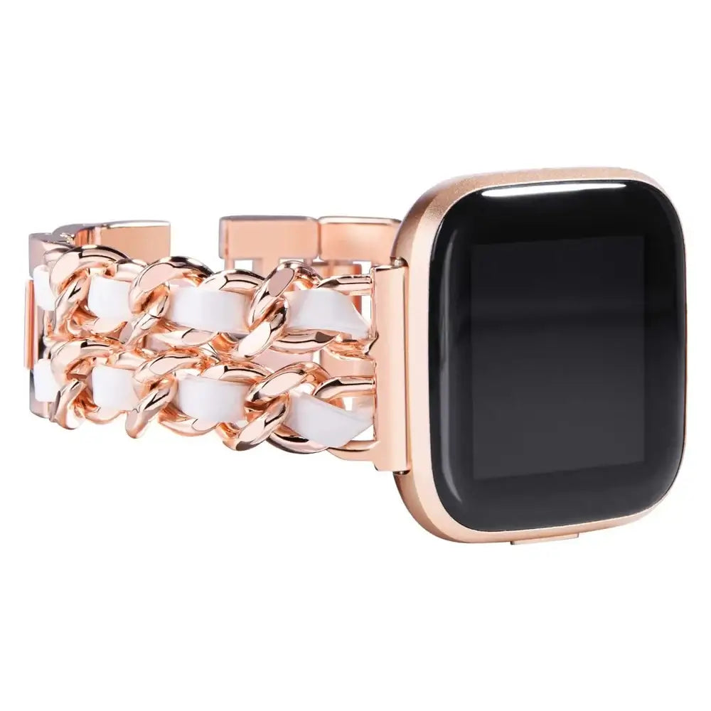 Fitbit Versa & Sense Leather-Woven Chain Band - Rose Gold / White Leather