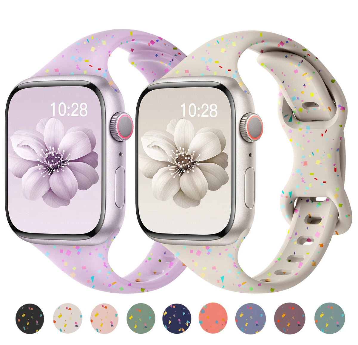 Two confetti-speckle bands with a row of color swatch previews for Apple Watch
