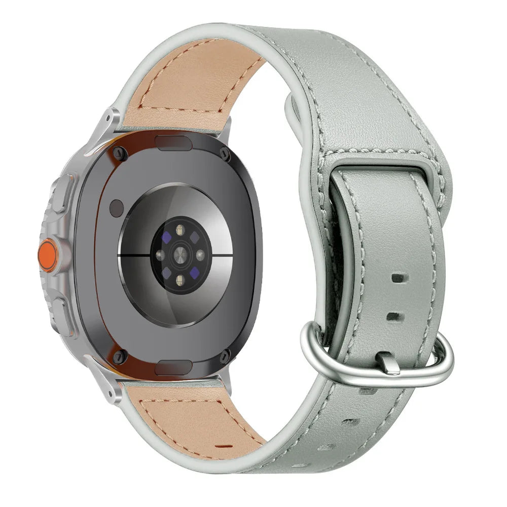 Samsung Galaxy Genuine Leather Watch Band Replacement Watch8/Watch8 Classic/Watch9 in grey color with tan lining and polished buckle.