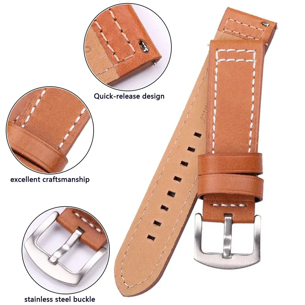 Tan leather strap buckle and stitch details for compatible Huawei watches