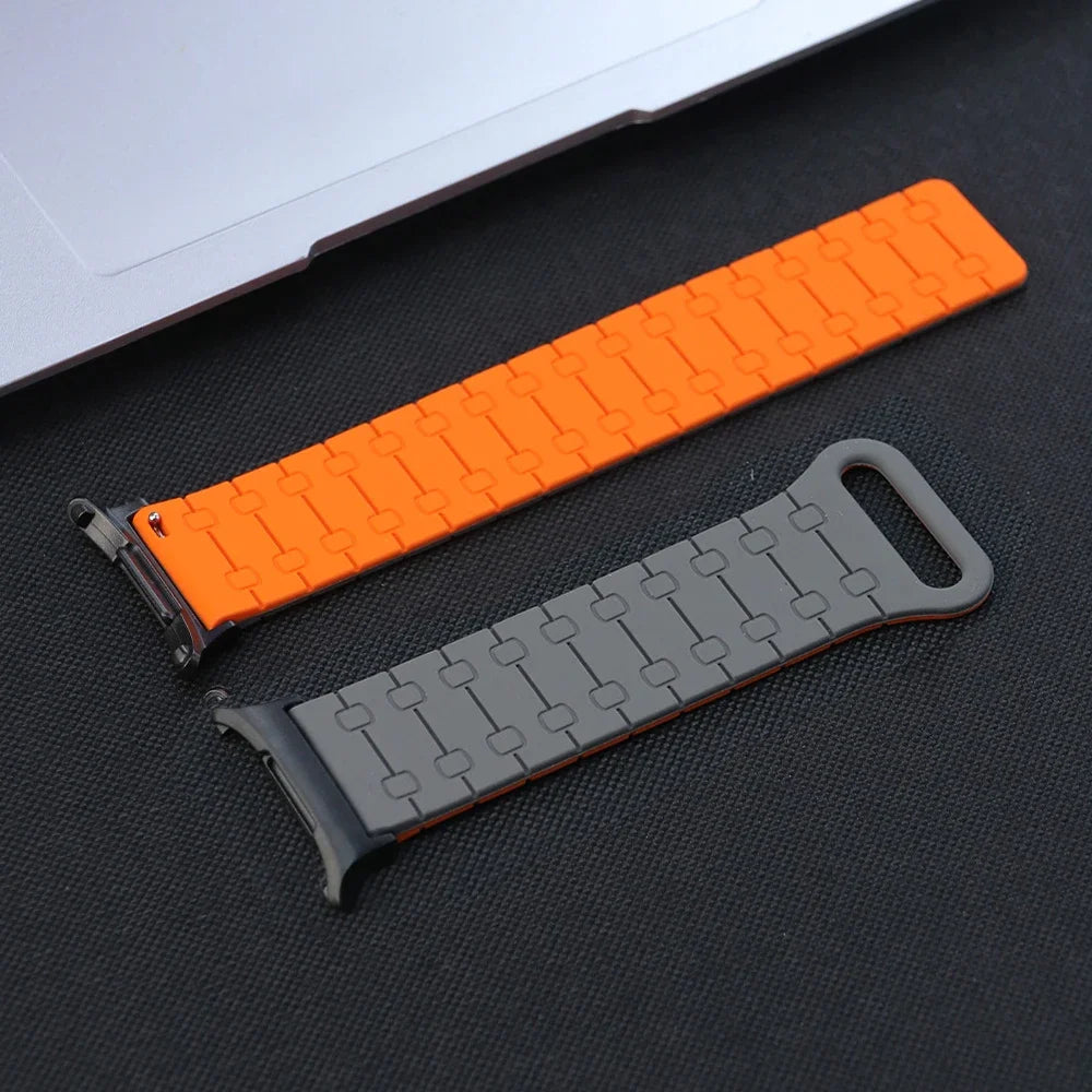 Samsung Galaxy Silicone Link Watch Band – Magnetic for Ultra/Ultra2/Watch8/Watch8 Classic/Watch9 in grey and orange colors.
