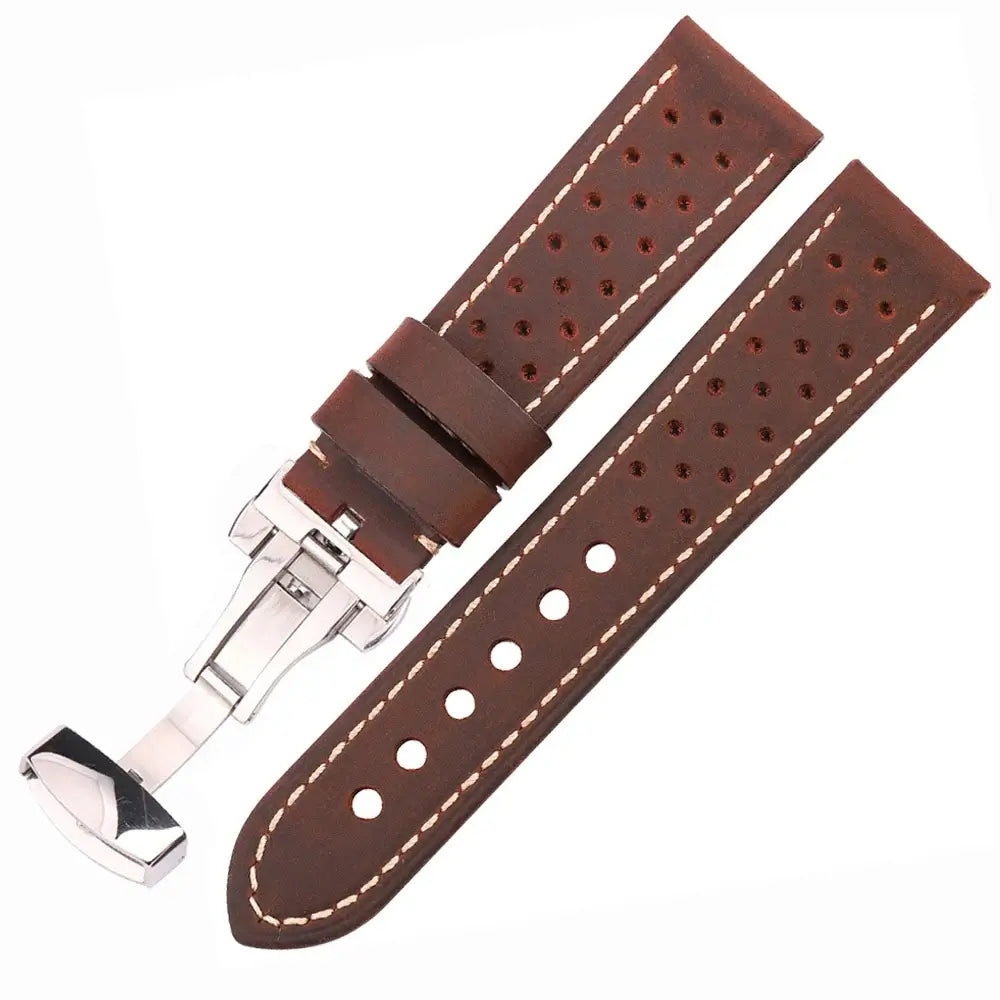 Perforated Leather Folding-Clasp Band in Dark Brown for compatible Huawei watches