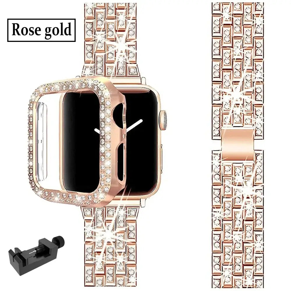 Rose Gold rhinestone Apple Watch bracelet and matching case with adjustment tool