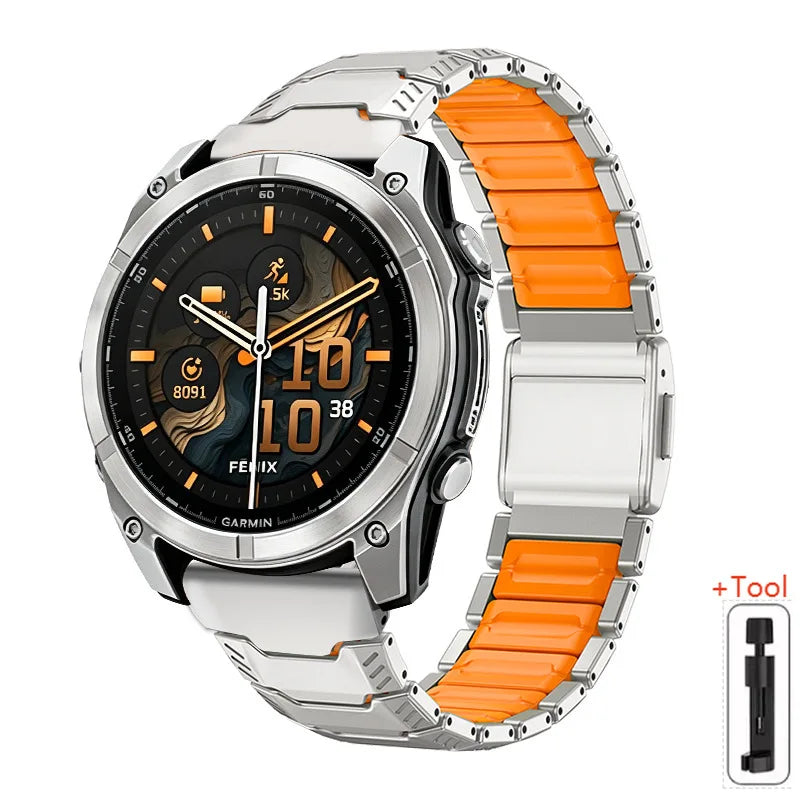 Silver / Orange Garmin QuickFit 22/26mm Two-Tone Metal Link Band with Magnetic Clasp