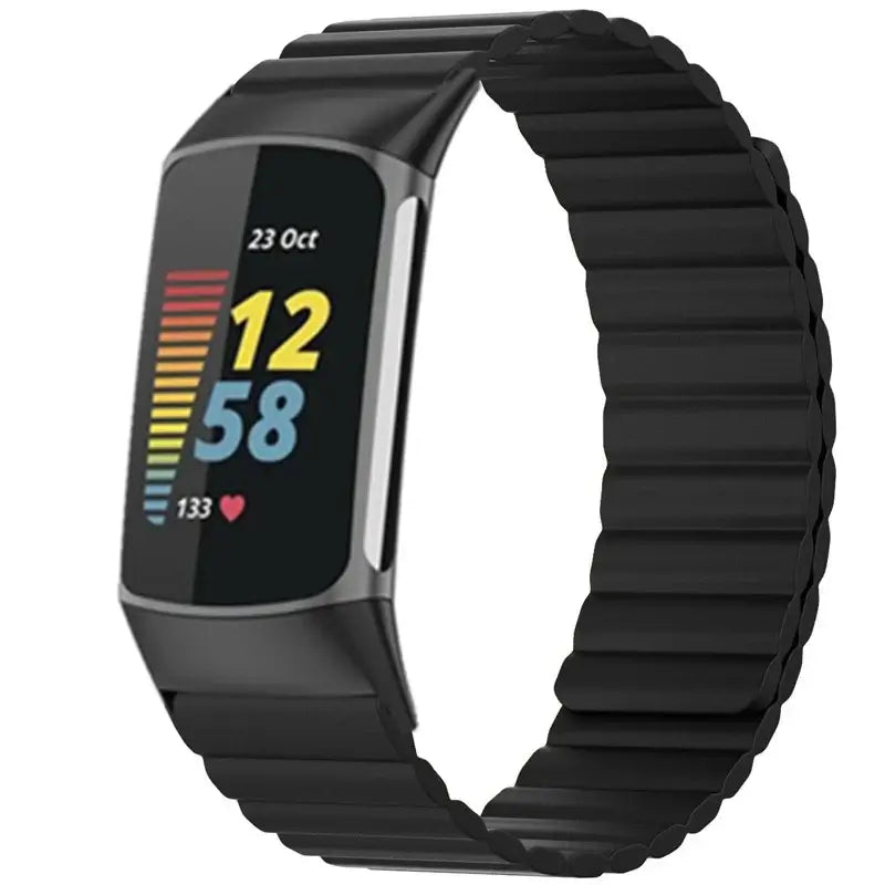 Fitbit Charge 5 & 6 Magnetic Silicone Wrap Band black ribbed band shown on a tracker