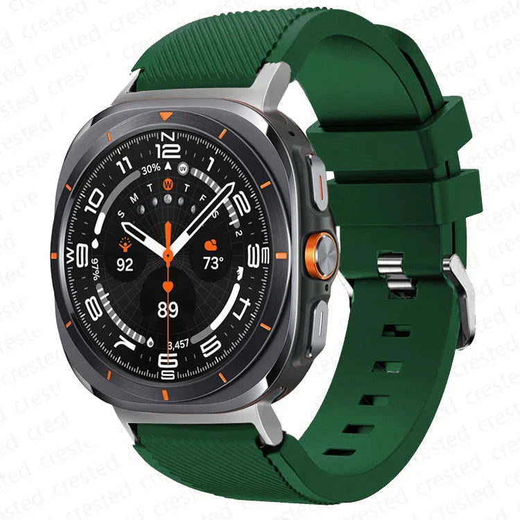 Samsung Galaxy Silicone Sport Watch Band - 20mm/Ultra+Ultra2 in army green color on a smartwatch.