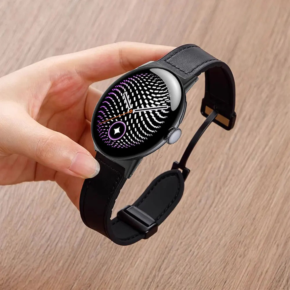 Black Google Pixel Watch 5, 4 and 3 Leather and Silicone Band, Magnetic Clasp