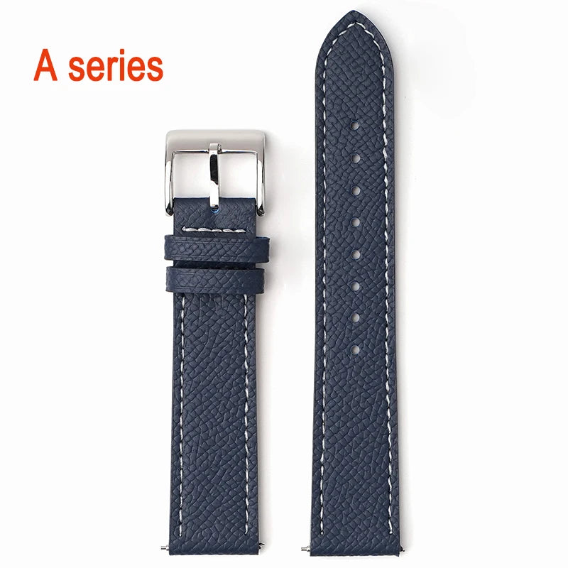 Garmin Epsom Leather Band in Navy Blue, White Stitching with Silver Buckle