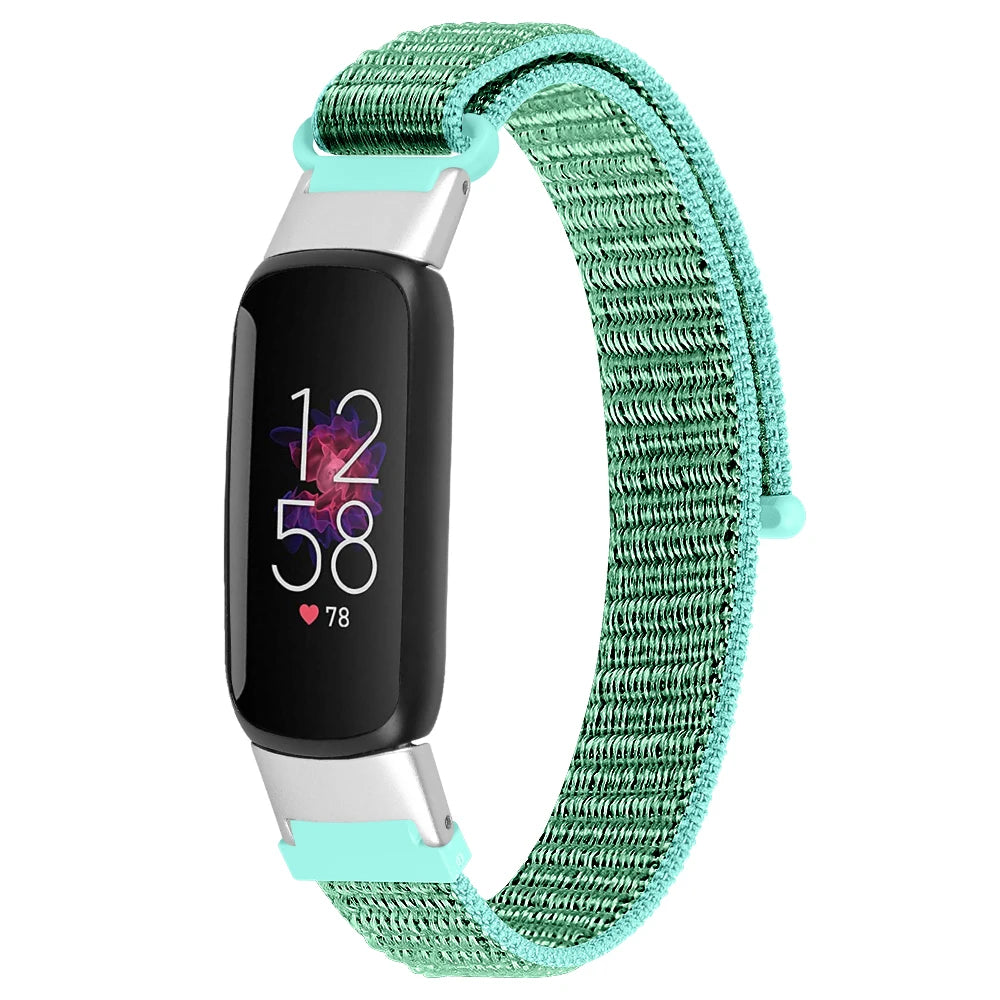 Fitbit Luxe Nylon Hook-and-Loop Sport Band - Teal and mint band on tracker