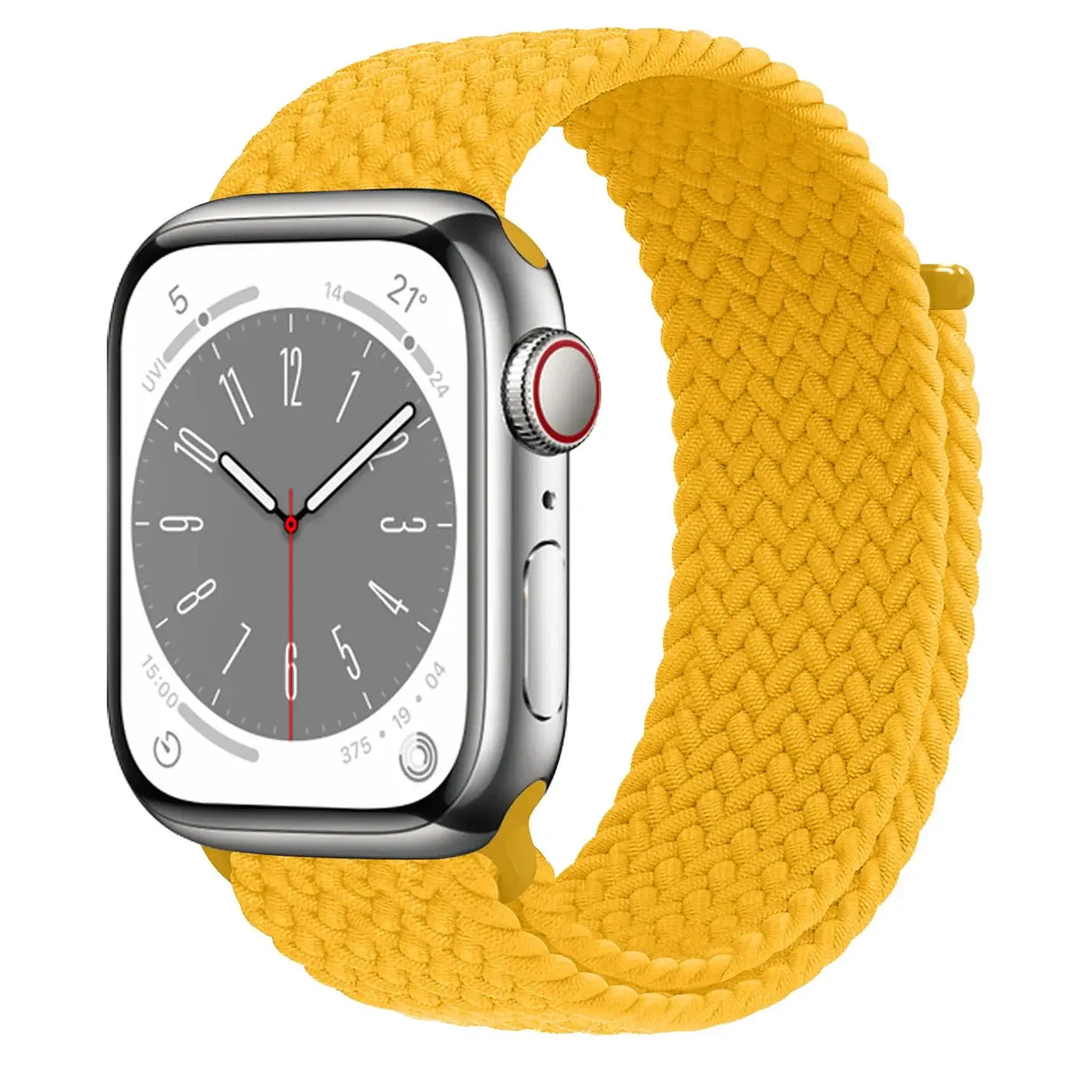 Yellow braided nylon Apple Watch band with hook-and-loop closure