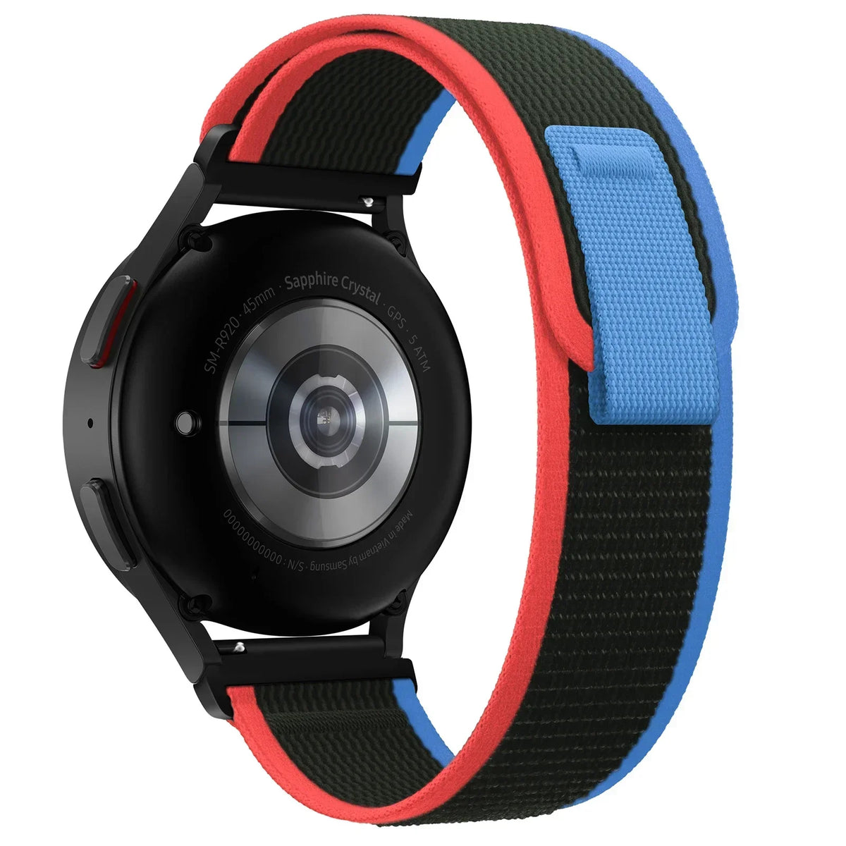 OnePlus Smartwatch Nylon Loop Band Replacement Strap Sport Adjustable on a smartwatch with black, red, and blue colors.