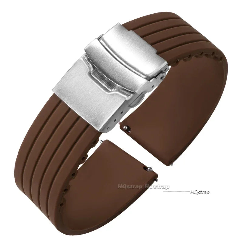 OnePlus Watch Band Silicone Rubber Strap Deployment Buckle Black Brown Green in brown color.