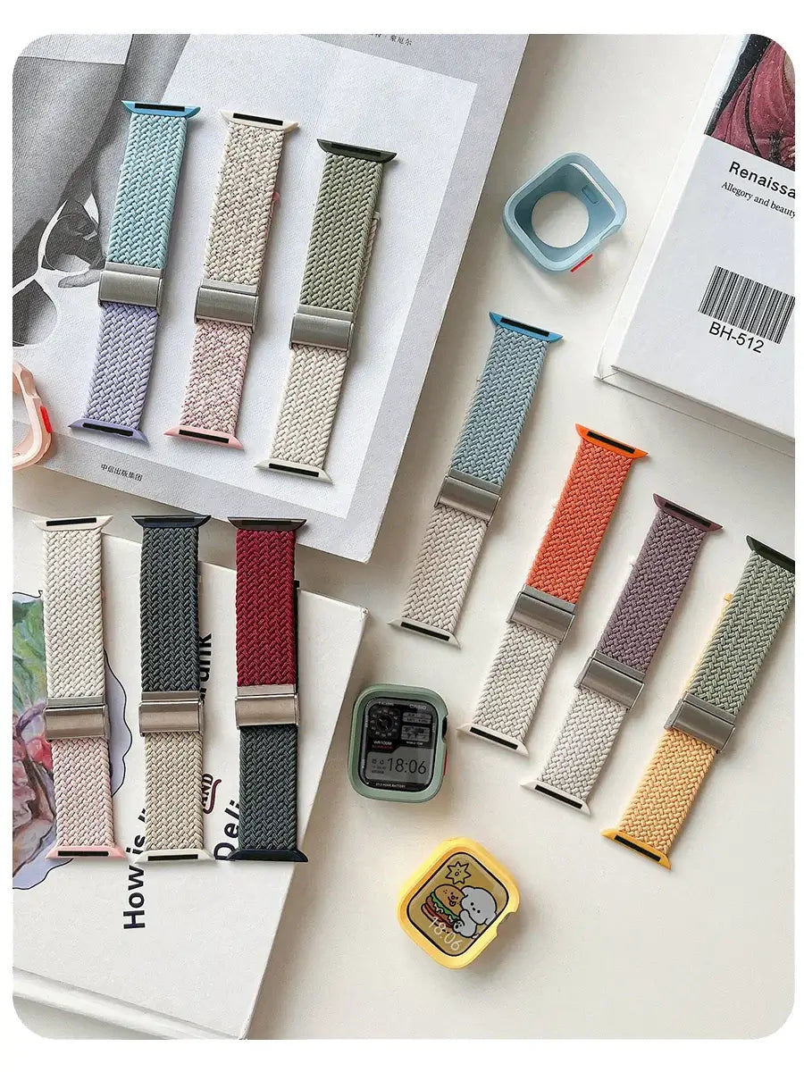 Assorted two-tone woven nylon Apple Watch straps and coordinating cases