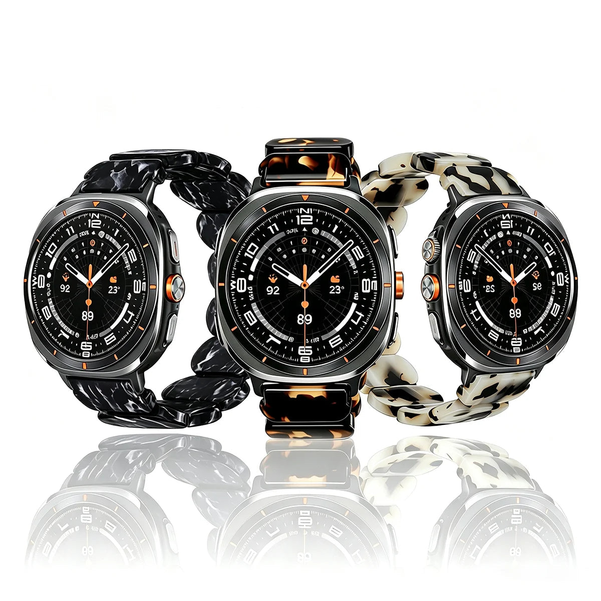 Samsung Galaxy Resin Link Watch Band – Metal Connector Watch8/Watch8 Classic/Watch9 in black, tortoise, and camo styles.