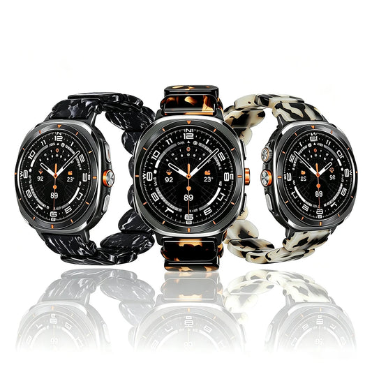 Samsung Galaxy Resin Link Watch Band – Metal Connector Watch8/Watch8 Classic/Watch9 in black, tortoise, and camo styles.