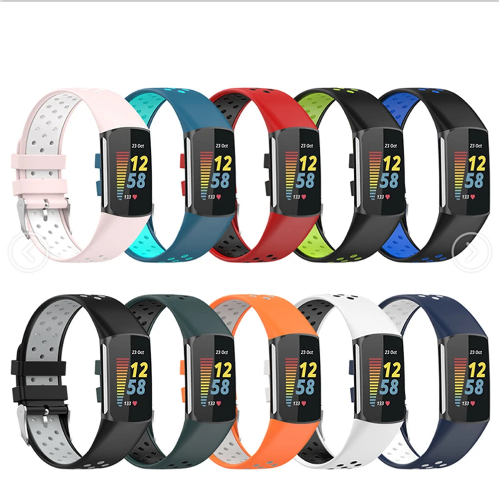 Fitbit Charge 5/6 Perforated Silicone Buckle Band - Contrasting color options