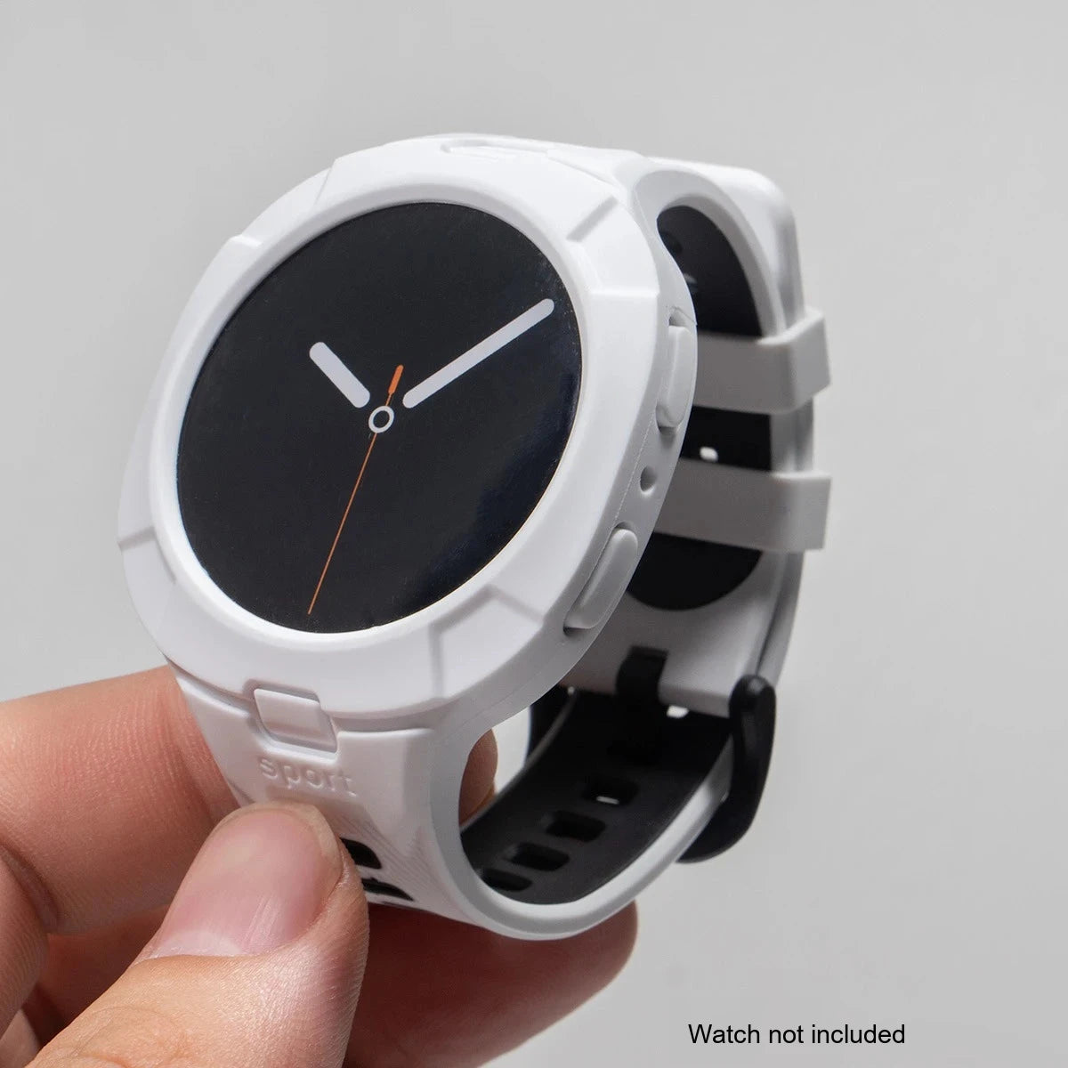 Samsung Galaxy Silicone Sport Watch Band - Case Watch8/Watch8 Classic/Watch9 in hand showcasing white and black color.