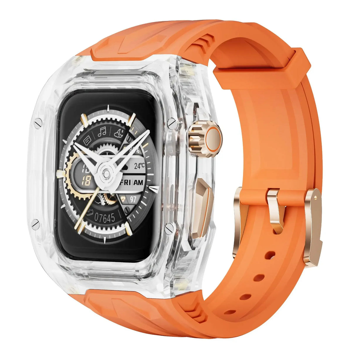 Rubber Apple Watch Band with Transparent Case in Clear / Orange