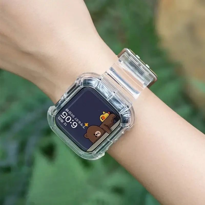 Clear Apple Watch band and case wrist view