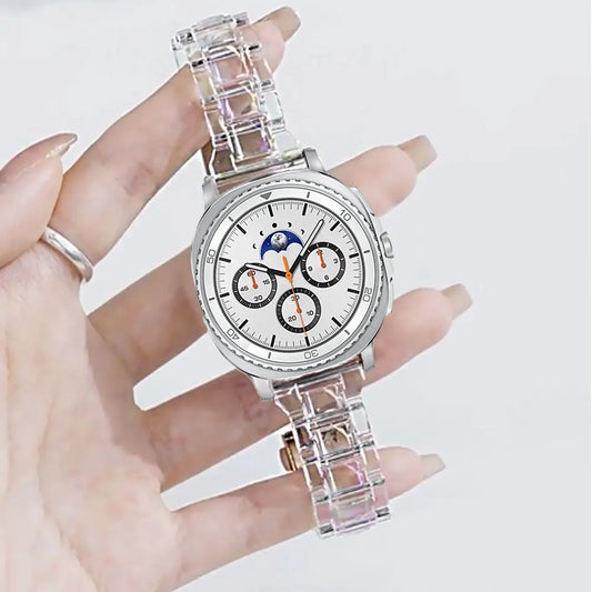 Samsung Galaxy Clear Plastic Link Watch Band – For Watch8/Watch8 Classic/Watch9/Ultra/Ultra2 displayed on a hand.
