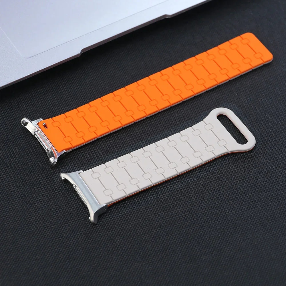 Samsung Galaxy Silicone Link Watch Band – Magnetic for Ultra/Ultra2/Watch8/Watch8 Classic/Watch9 in starlight orange color.
