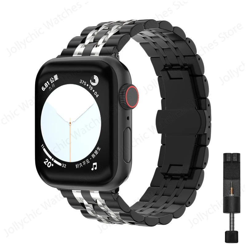 Multi-Row Stainless Steel Apple Watch Bracelet Band in Black / Silver - With Tool