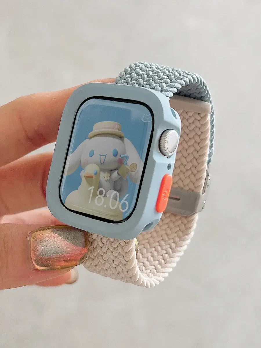 Light Blue Case - Light Blue / Beige woven nylon Apple Watch band with matching case