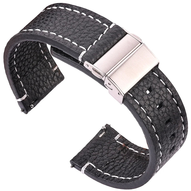 Polar Pebbled Leather Watch Band with Folding Clasp — Black