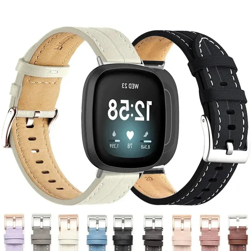 Fitbit Versa & Sense Contrast-Stitched Leather Band - Cream and black bands with color previews