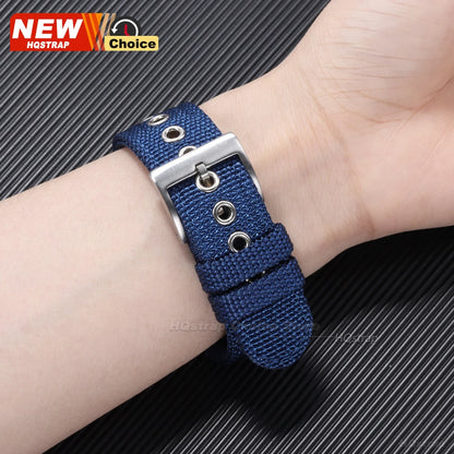 Garmin Nylon Canvas Band in navy blue worn on a wrist