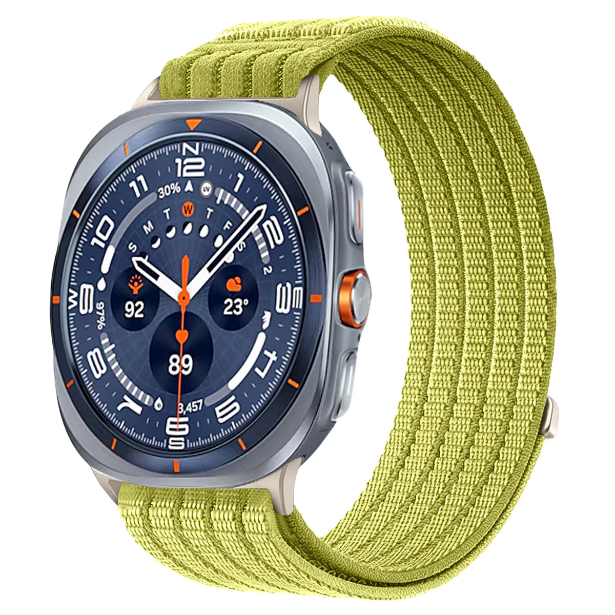 Samsung Galaxy Sport Nylon Woven Loop Watch Band – Watch8/Watch8 Classic/Watch9/Ultra/Ultra2 in light green on smartwatch.