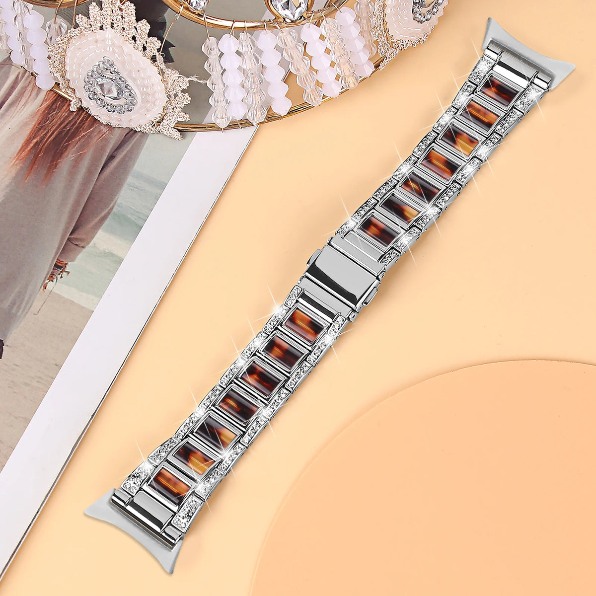 Silver / Brown Google Pixel Watch 5, 4 and 3 41mm Resin Inlay Link Bracelet Band