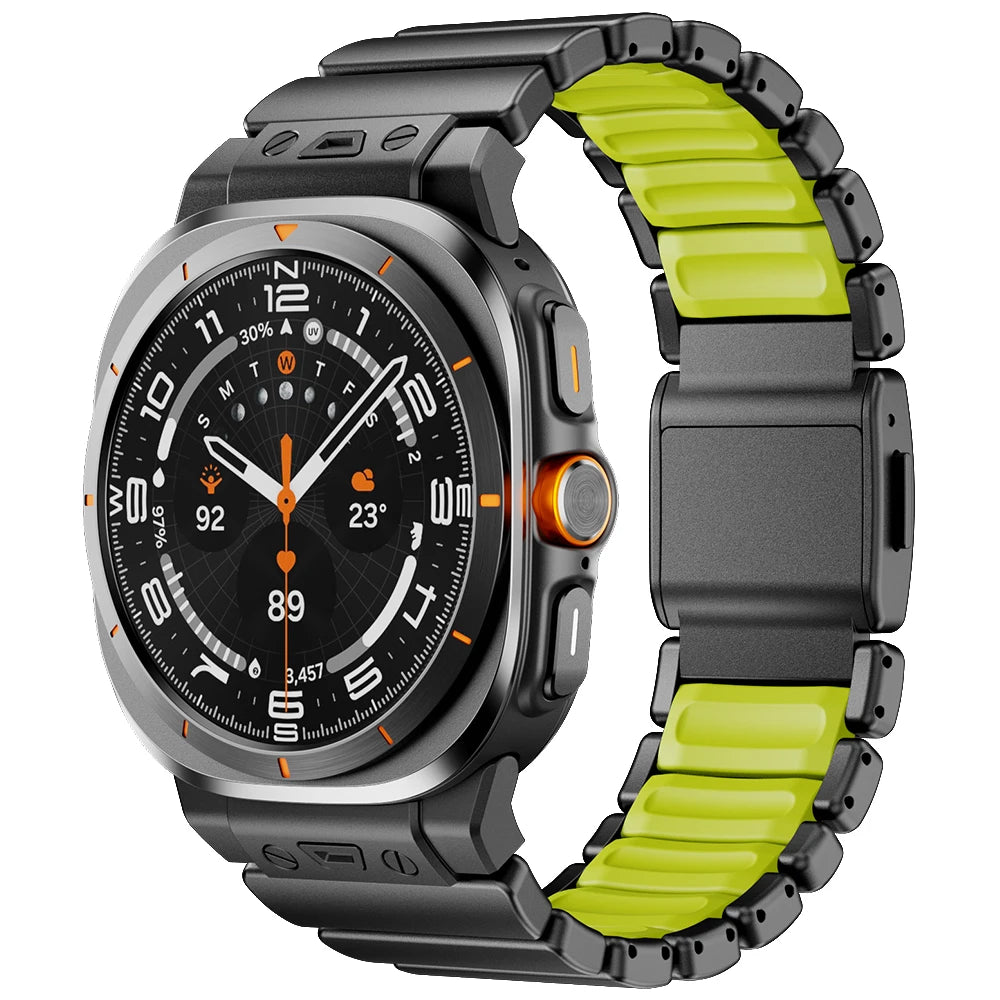 Samsung Galaxy Watch Ultra/Ultra2 Stainless Steel & Silicone Magnetic Band in black and green with sleek design