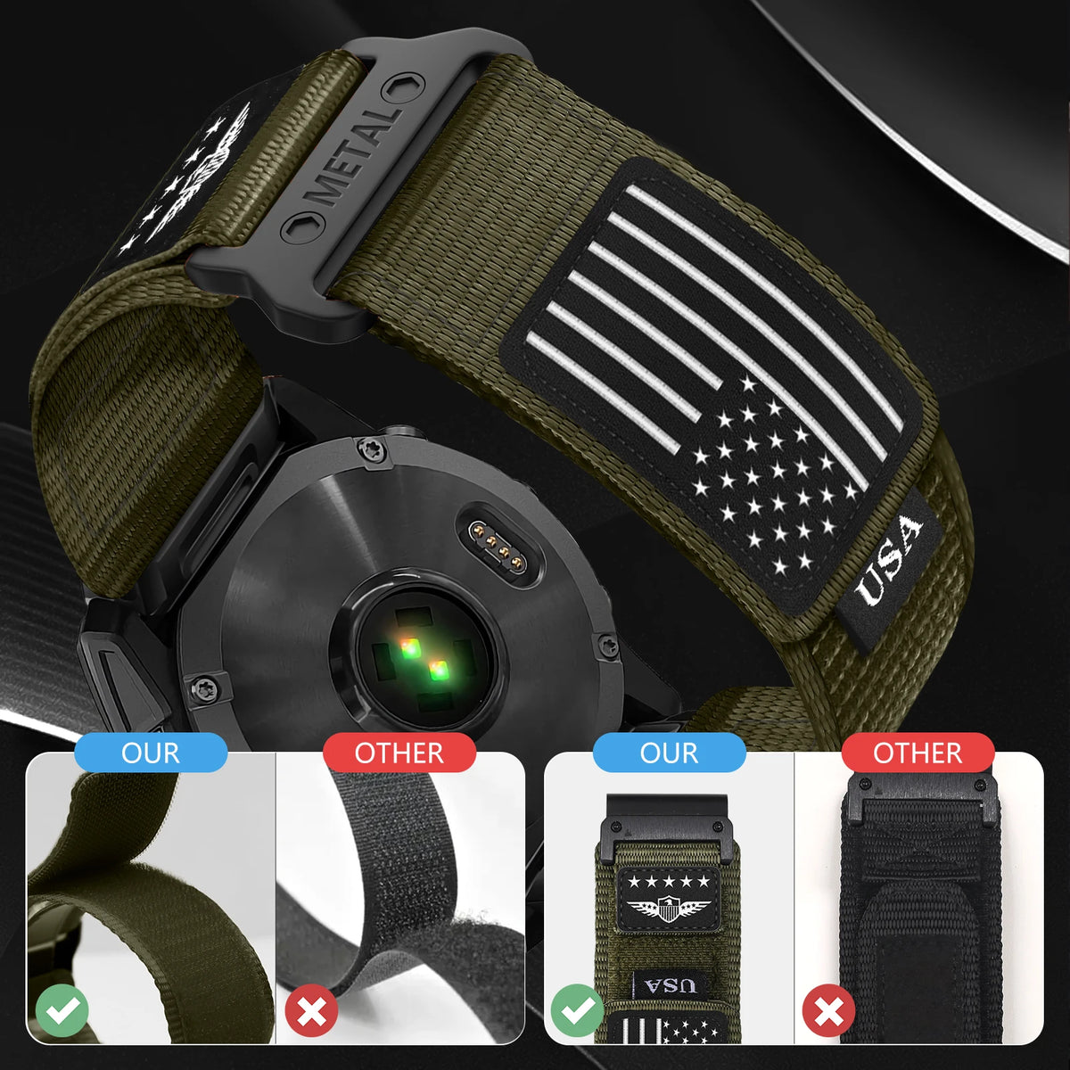 Garmin QuickFit Nylon Band with USA Flag Patch olive band showing flag patch and hardware details